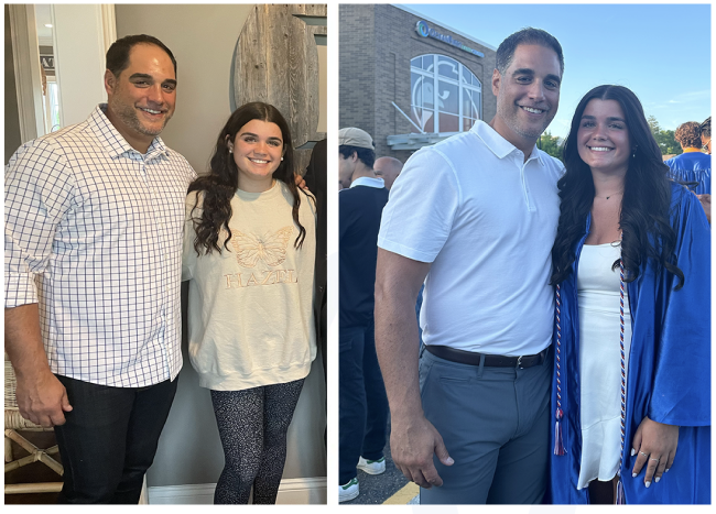 Man posing for before photo with daughter